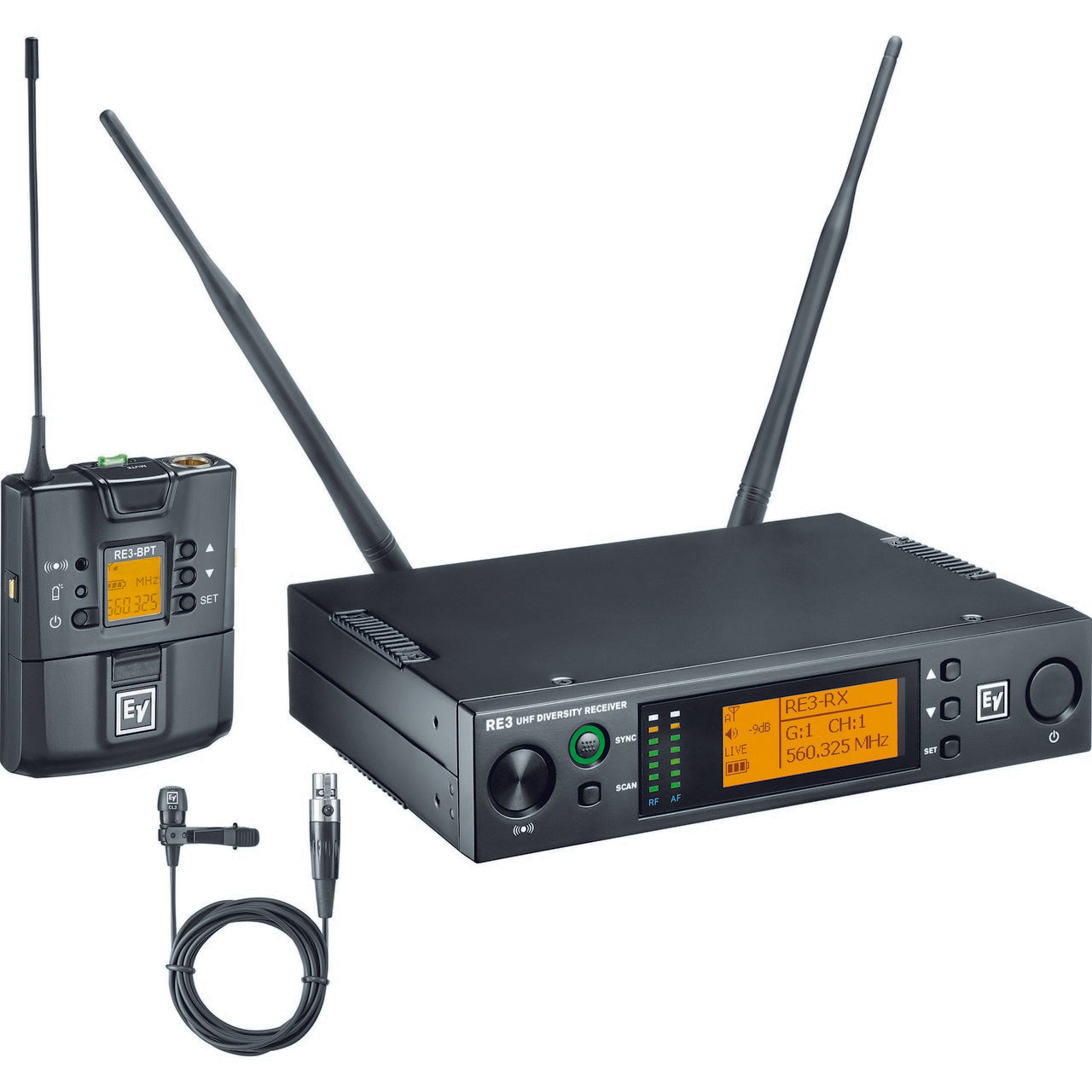 Electro-Voice Professional RE3-BPCL UHF Wireless Bodypack System with Cardioid Lavalier Microphone, Operating in 5H 560 - 596MHz Frequency Range